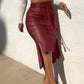 Women Leather Midi Skirt High Waist Button Trim Slim Solid