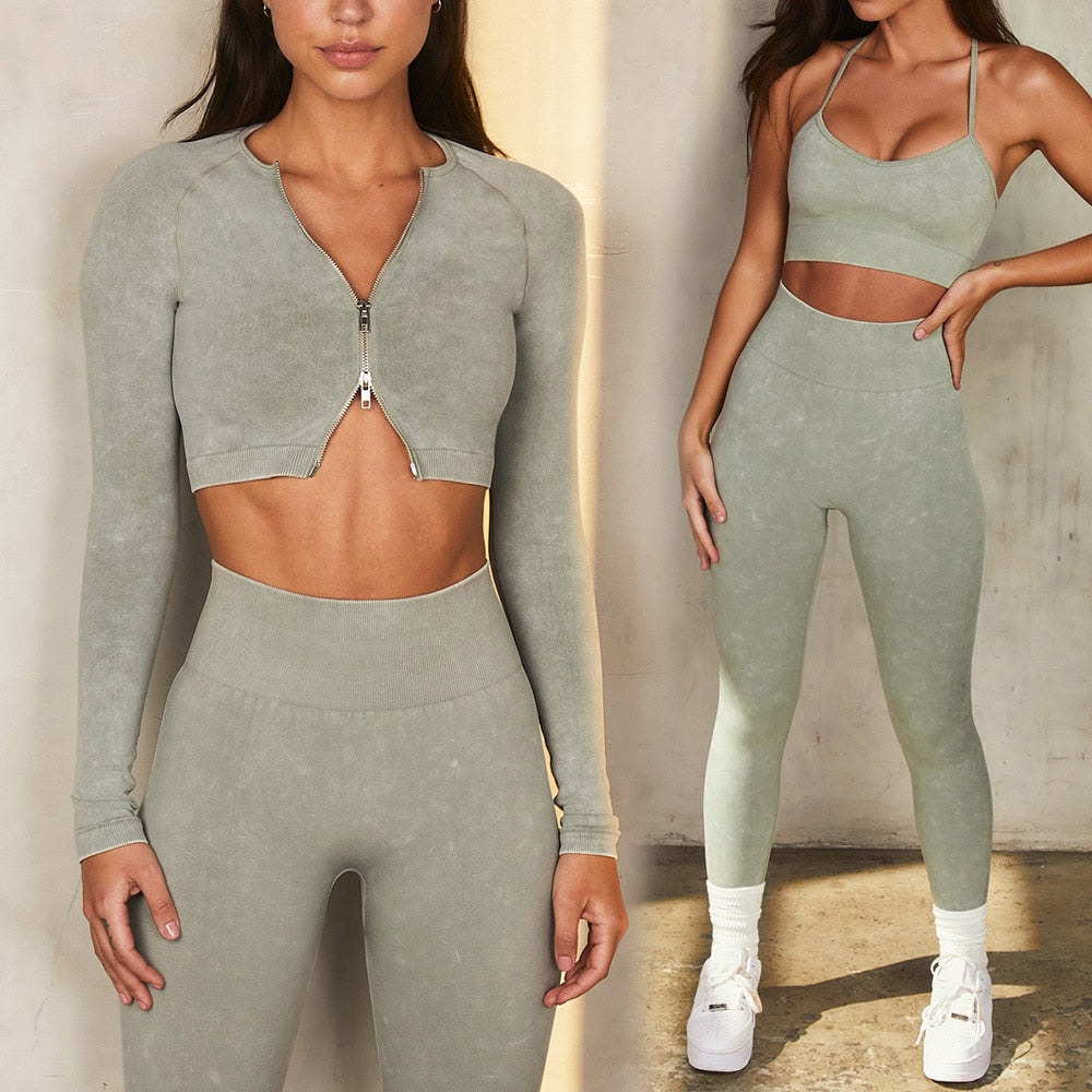 Women Seamless Sports Bra Long Sleeve Crop Top Set