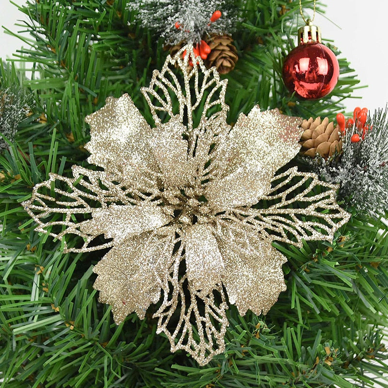 5pcs 9-16cm Glitter Christmas Flower For Xmas Tree Decorations