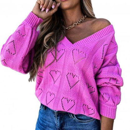 Women Autumn Winter Love Heart Hollow Crochet Sweater Loose