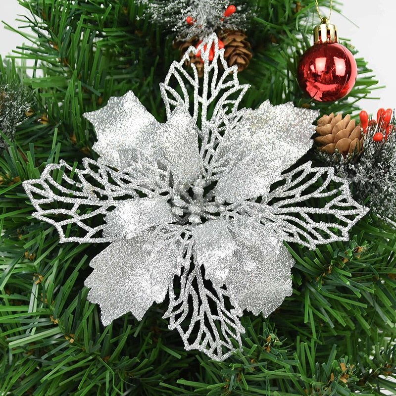 5pcs 9-16cm Glitter Christmas Flower For Xmas Tree Decorations