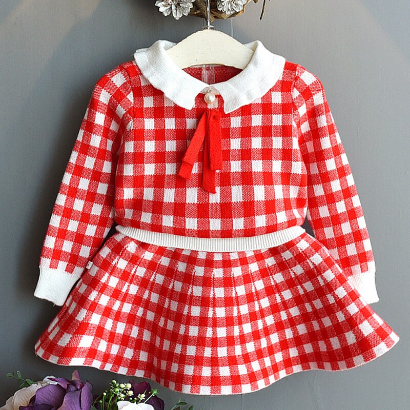 Girls Sets Children Clothing Autumn Winter Plaid Knit Cardigan Sweater