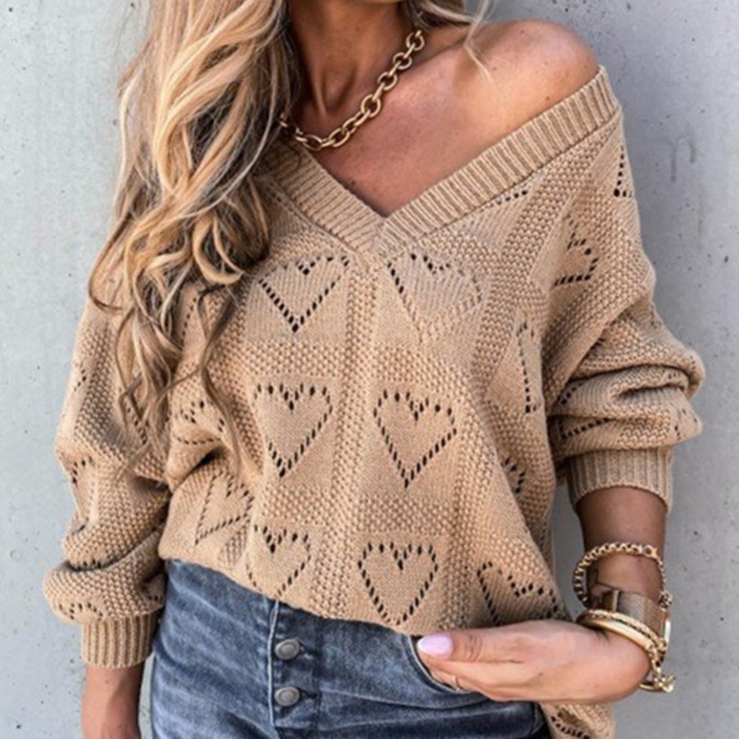 Women Autumn Winter Love Heart Hollow Crochet Sweater Loose