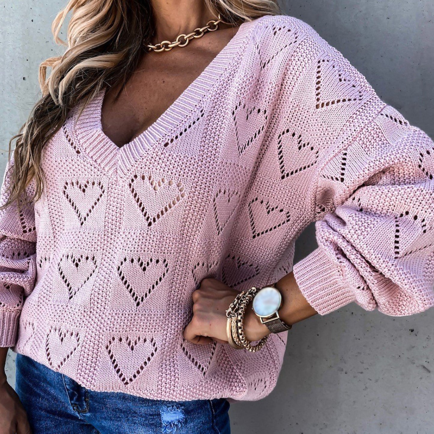 Women Autumn Winter Love Heart Hollow Crochet Sweater Loose