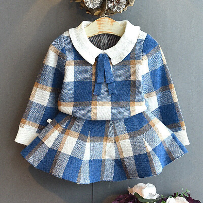 Girls Sets Children Clothing Autumn Winter Plaid Knit Cardigan Sweater