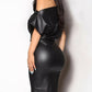 Women off Shoulder Leather Black Wet Look Dress