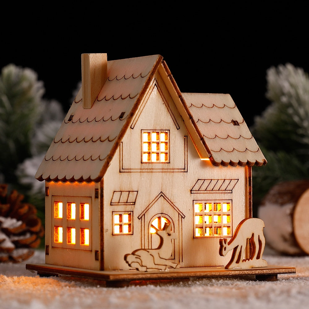 Wood Glowing Castle With Warm LED Lights Christmas Ornaments
