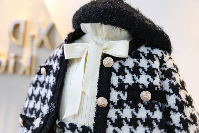 Girls Sets Children Clothing Autumn Winter Plaid Knit Cardigan Sweater