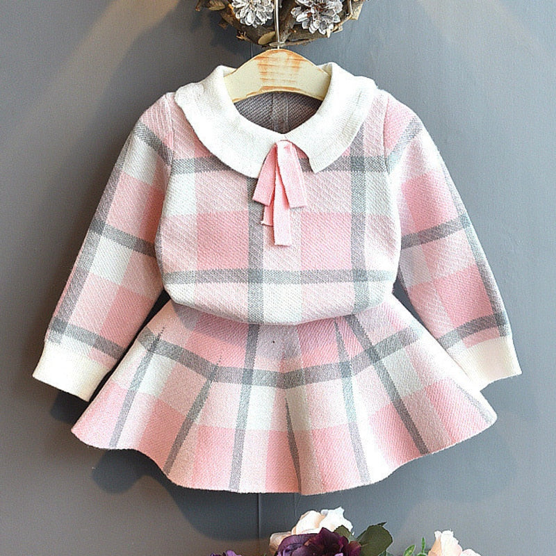 Girls Sets Children Clothing Autumn Winter Plaid Knit Cardigan Sweater