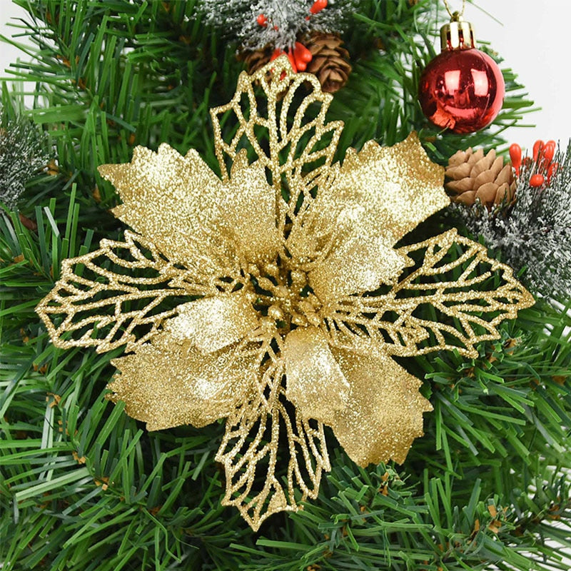 5pcs 9-16cm Glitter Christmas Flower For Xmas Tree Decorations