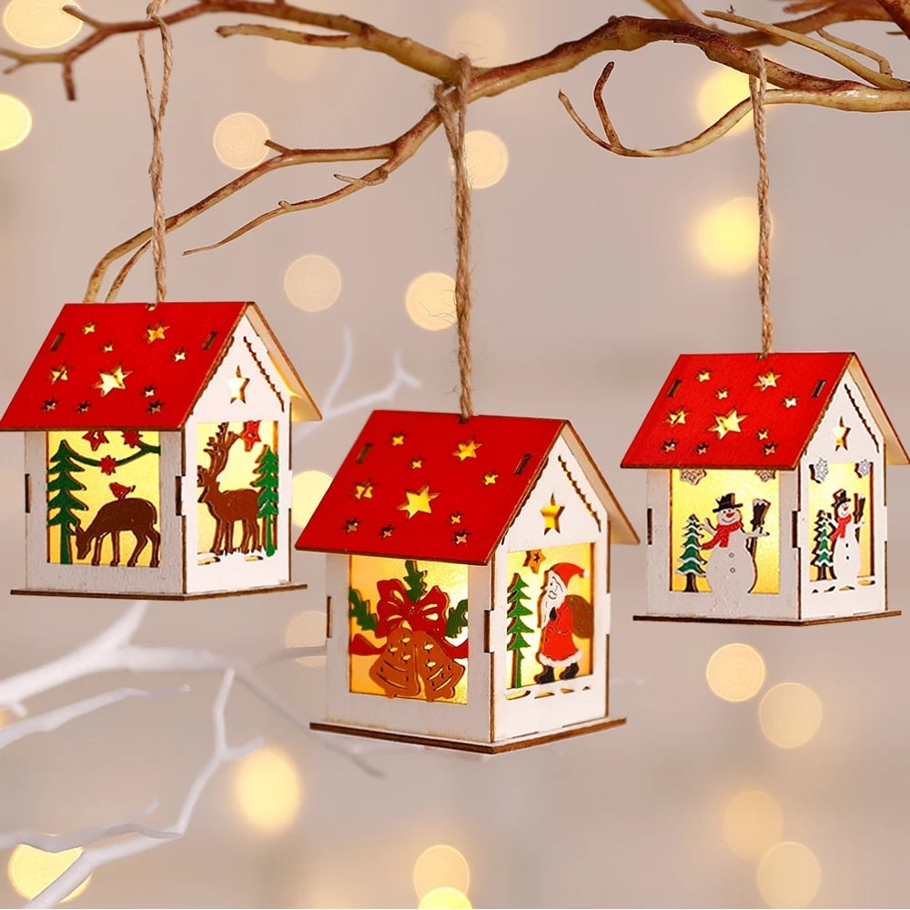 Wood Glowing Castle With Warm LED Lights Christmas Ornaments