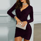 Women Elegant Slit V Neck Long Sleeved Party Dresses