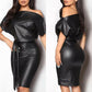 Women off Shoulder Leather Black Wet Look Dress