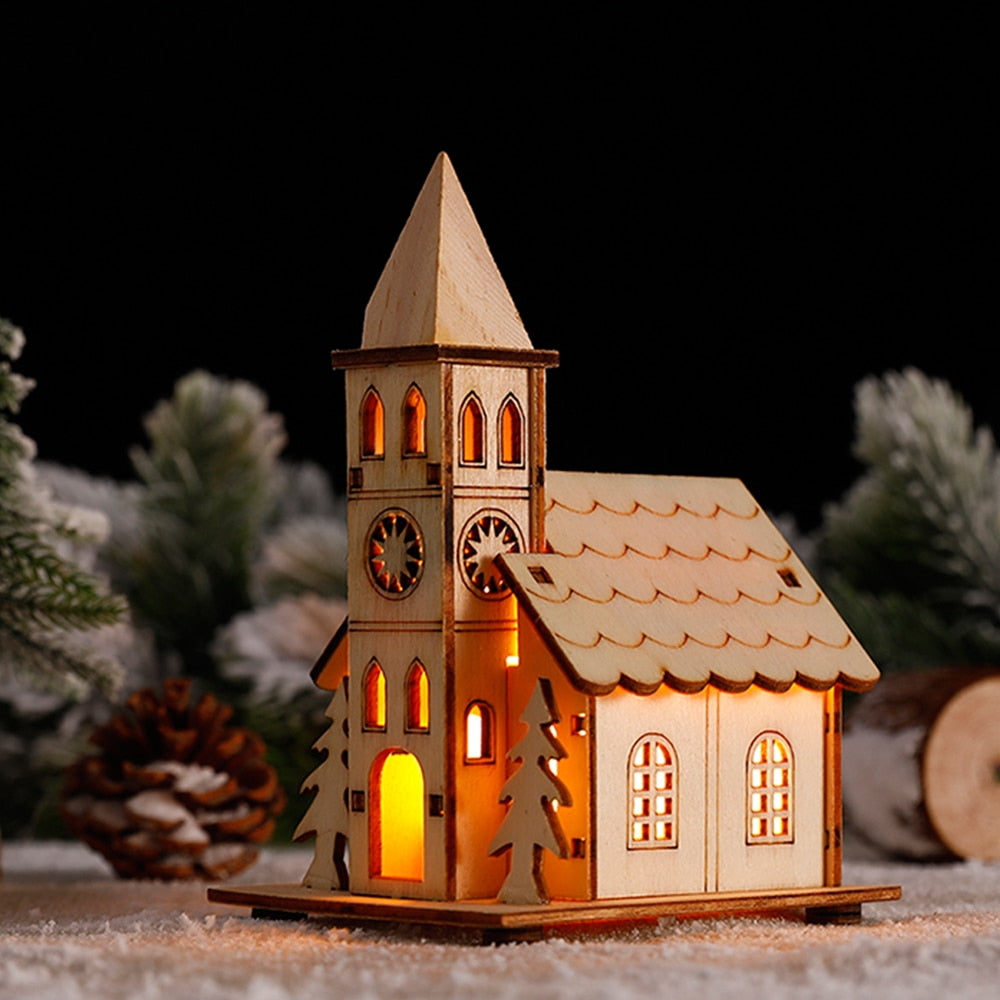 Wood Glowing Castle With Warm LED Lights Christmas Ornaments