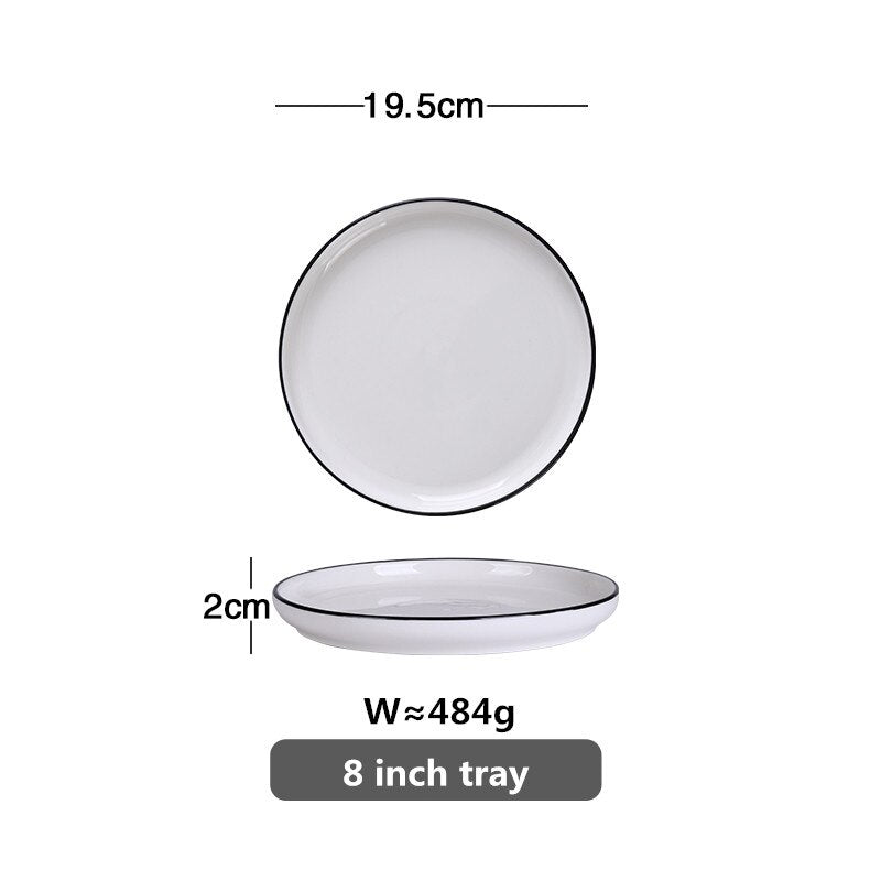 White With Black Edge Dinner Plate Ceramic Kitchen Dishes