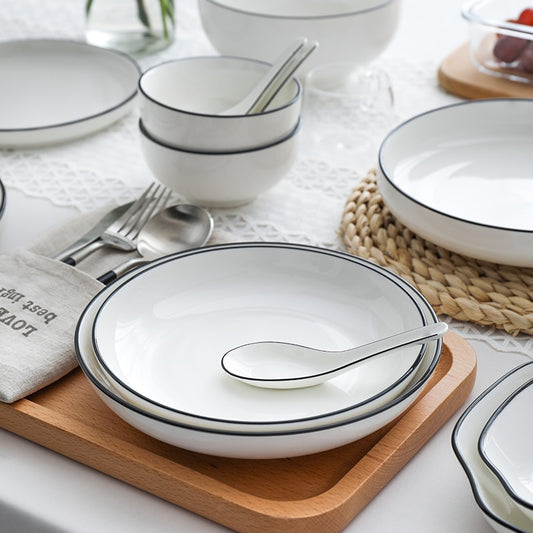White With Black Edge Dinner Plate Ceramic Kitchen Dishes