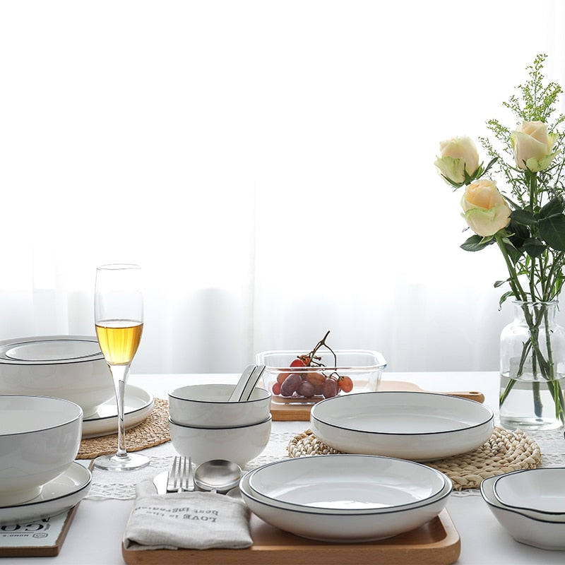 White With Black Edge Dinner Plate Ceramic Kitchen Dishes