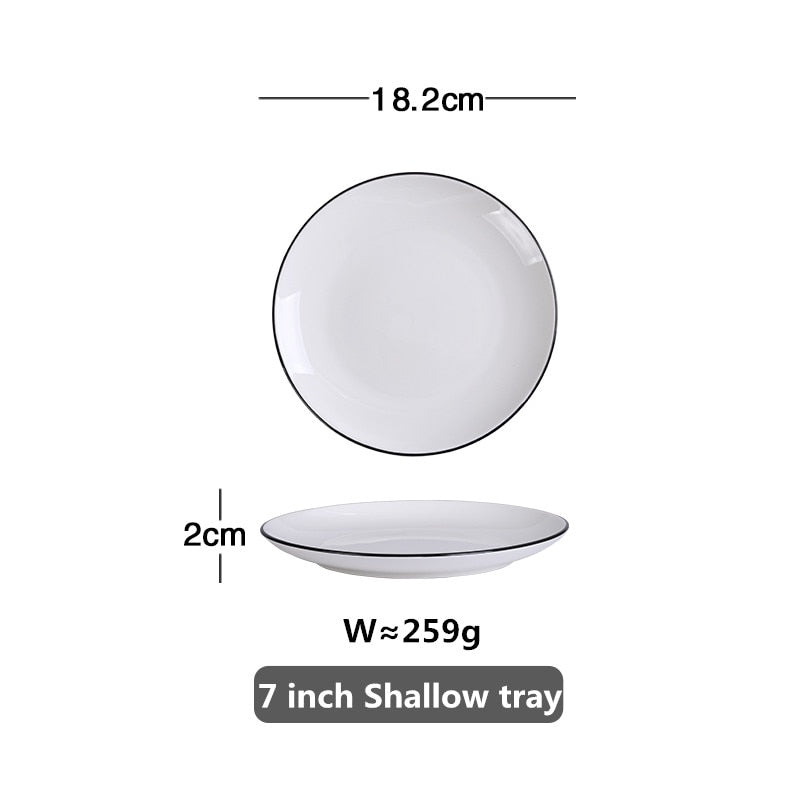 White With Black Edge Dinner Plate Ceramic Kitchen Dishes