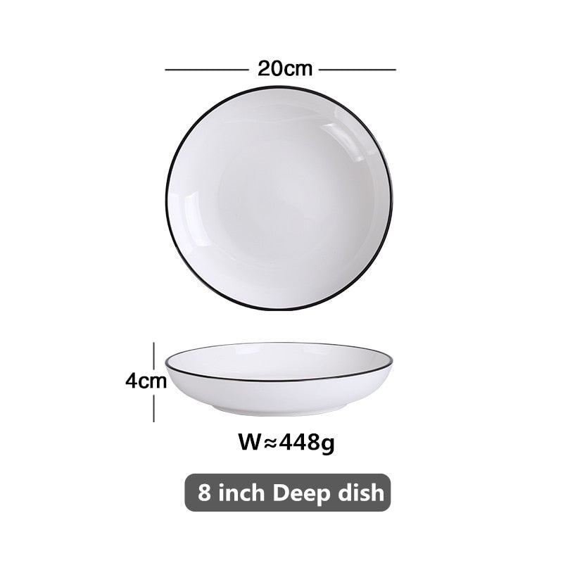 White With Black Edge Dinner Plate Ceramic Kitchen Dishes