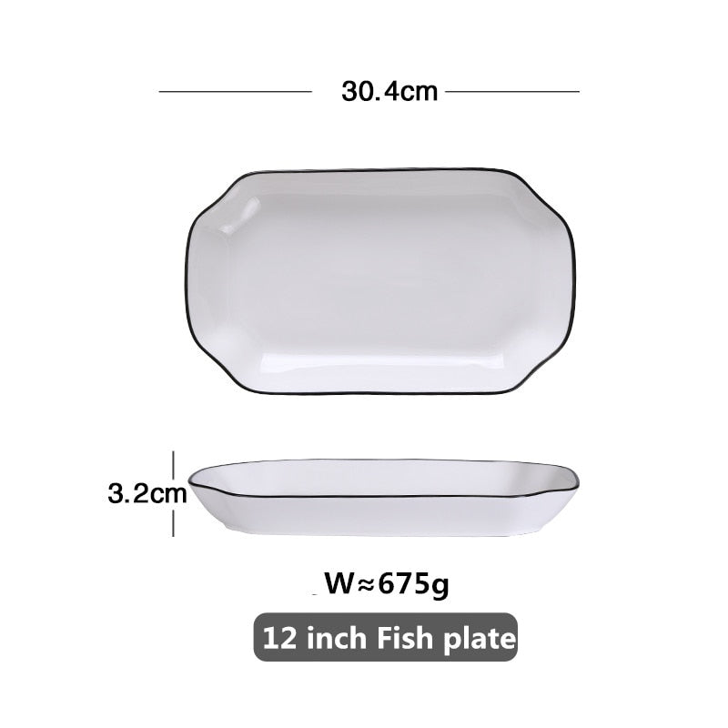 White With Black Edge Dinner Plate Ceramic Kitchen Dishes