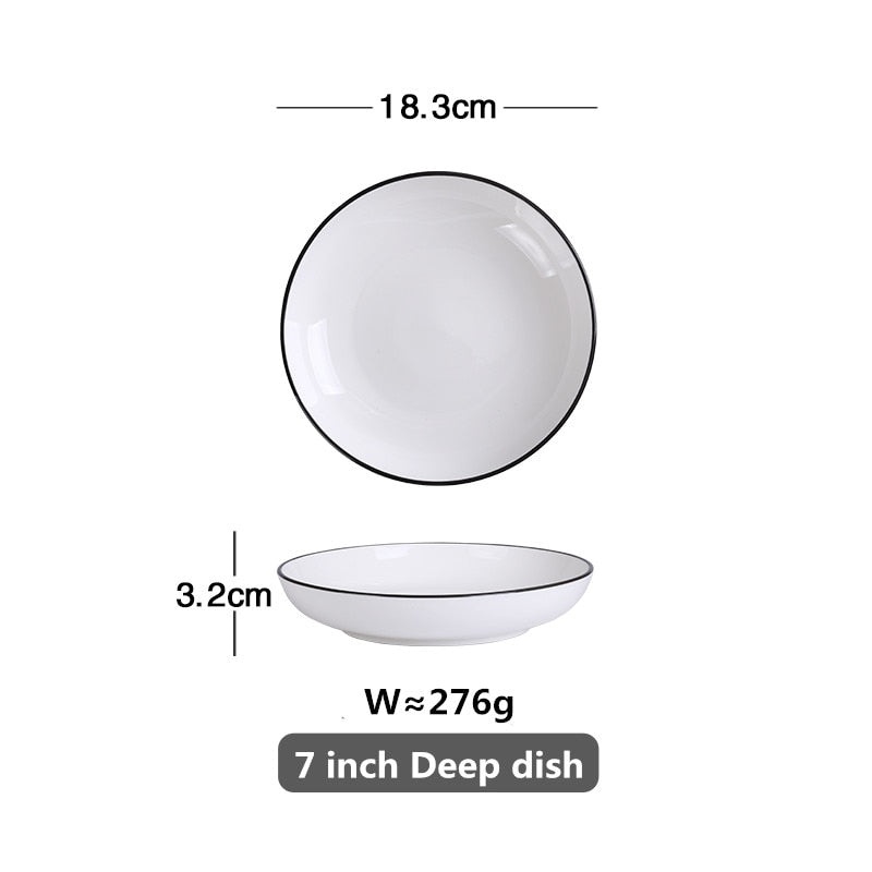 White With Black Edge Dinner Plate Ceramic Kitchen Dishes