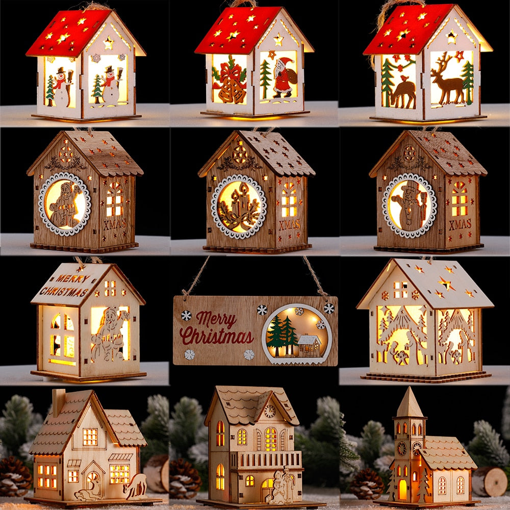 Wood Glowing Castle With Warm LED Lights Christmas Ornaments