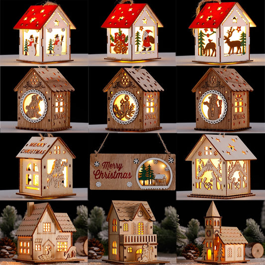 Wood Glowing Castle With Warm LED Lights Christmas Ornaments