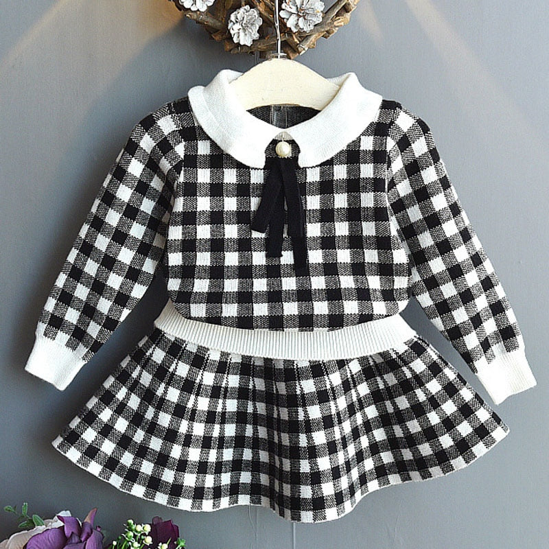 Girls Sets Children Clothing Autumn Winter Plaid Knit Cardigan Sweater