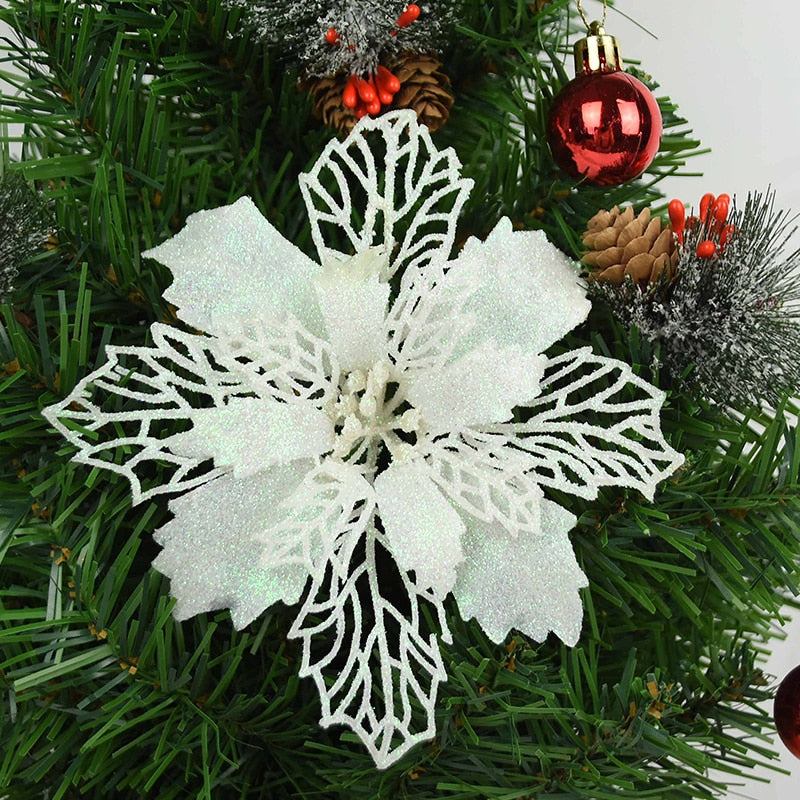 5pcs 9-16cm Glitter Christmas Flower For Xmas Tree Decorations