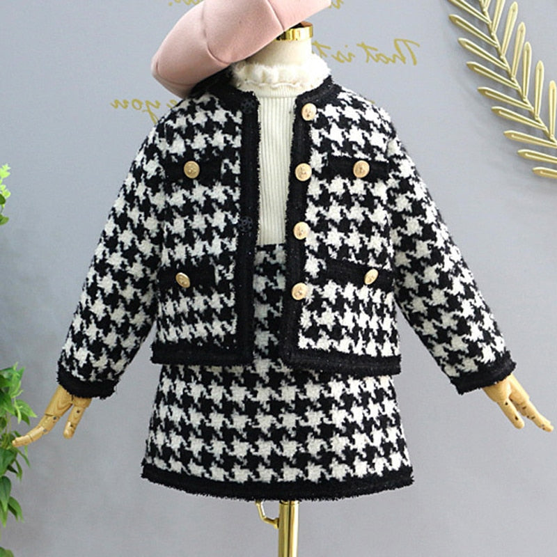 Girls Sets Children Clothing Autumn Winter Plaid Knit Cardigan Sweater