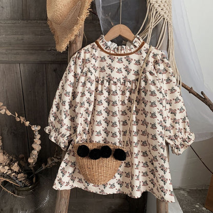 Autumn Baby Girls Dress Children Flower Clothes Long Sleeve Retro