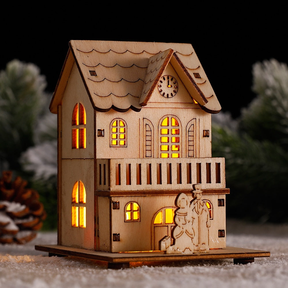 Wood Glowing Castle With Warm LED Lights Christmas Ornaments