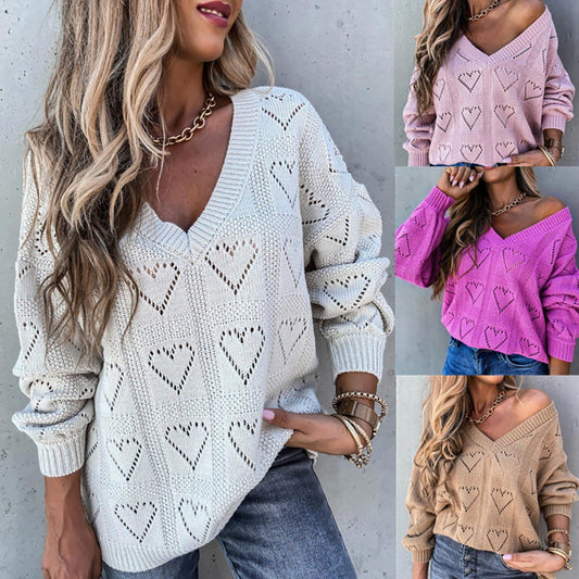 Women Autumn Winter Love Heart Hollow Crochet Sweater Loose