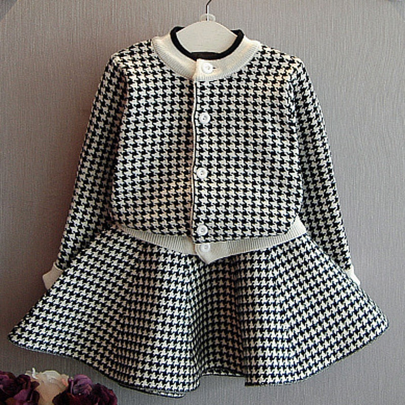 Girls Sets Children Clothing Autumn Winter Plaid Knit Cardigan Sweater