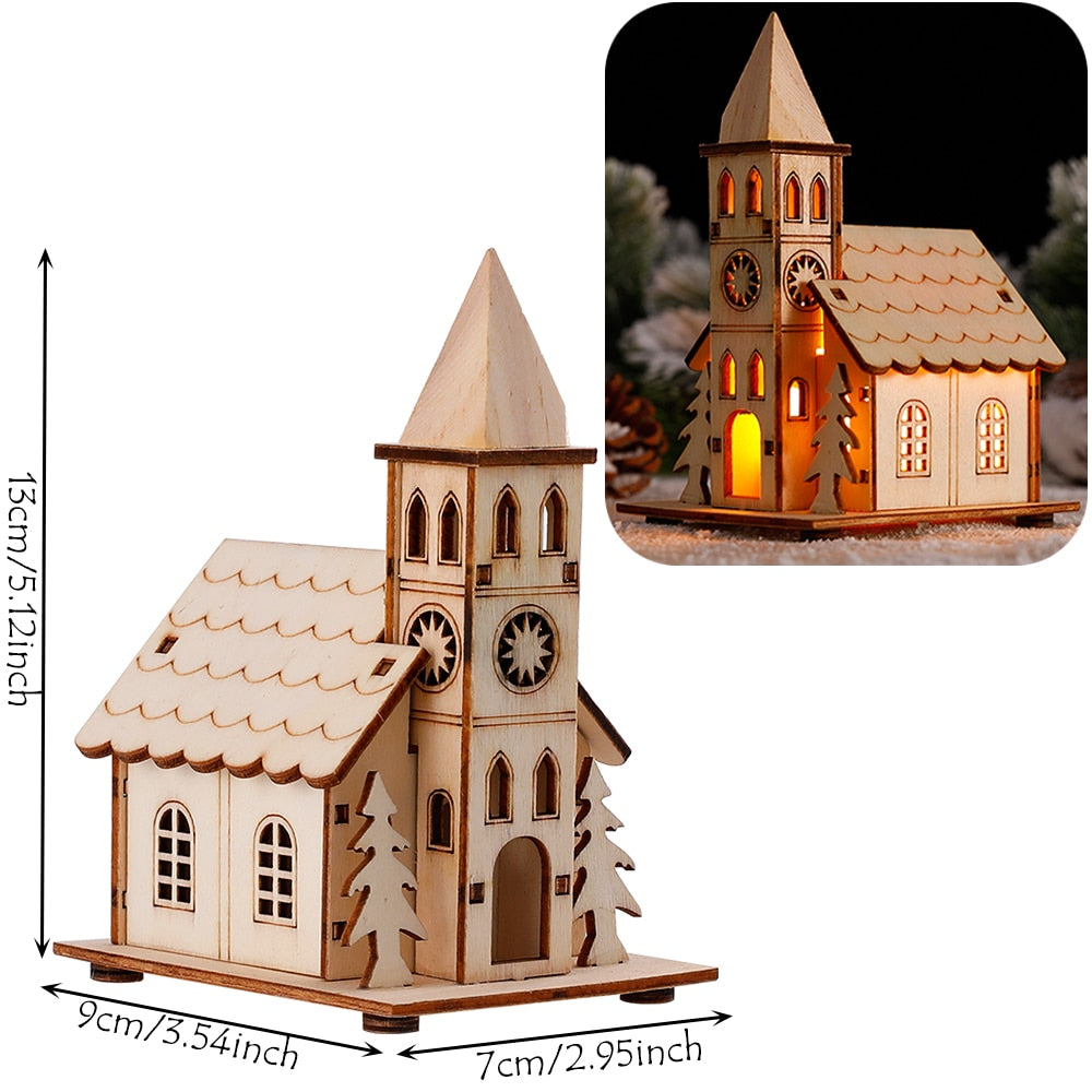 Wood Glowing Castle With Warm LED Lights Christmas Ornaments