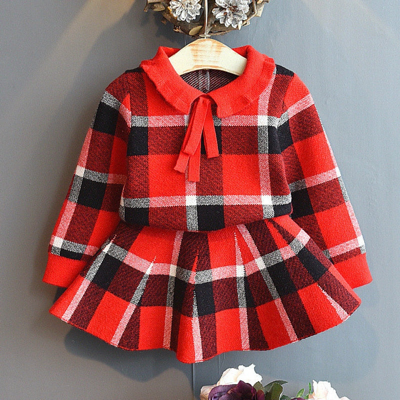 Girls Sets Children Clothing Autumn Winter Plaid Knit Cardigan Sweater