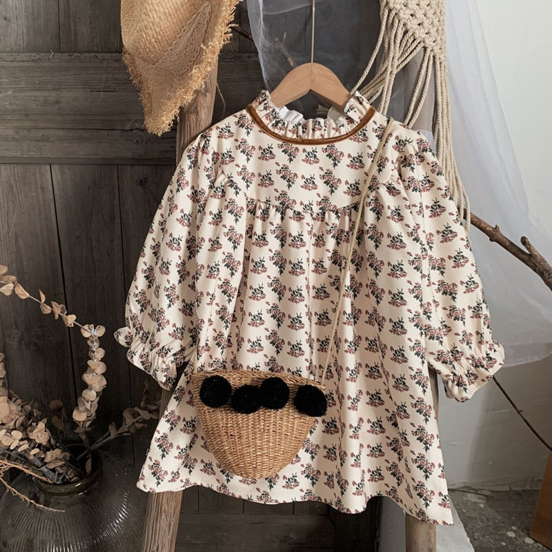 Autumn Baby Girls Dress Children Flower Clothes Long Sleeve Retro
