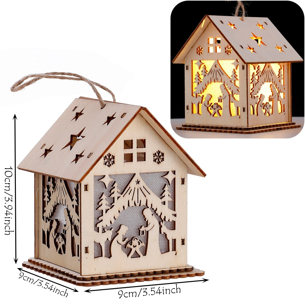 Wood Glowing Castle With Warm LED Lights Christmas Ornaments