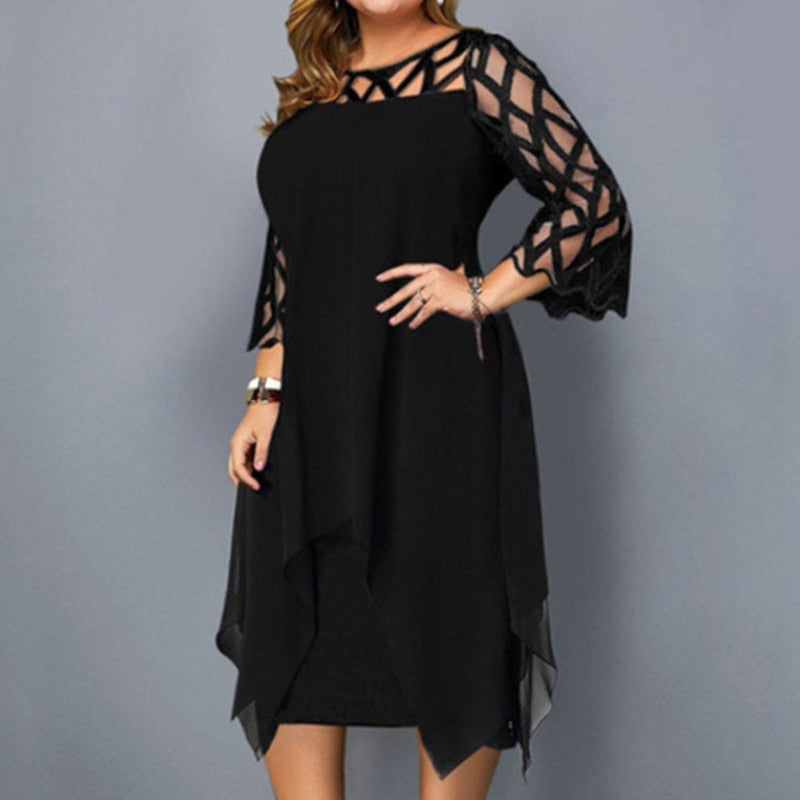 Ladies Plus Size Three Quarter Sleeve Dress Lace Sequin Mesh Sexy Elegant Casual Party Red Black Cutout Loose Summer Dress