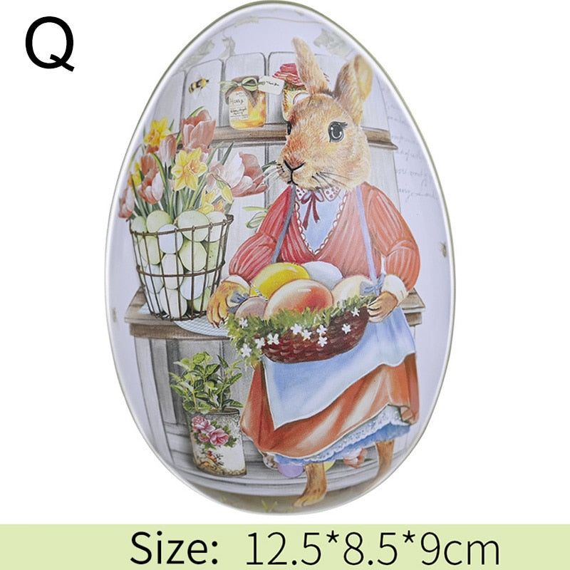 Metal Easter Egg Shape Cute Bunny Rabbit Printed Egg Candy Box