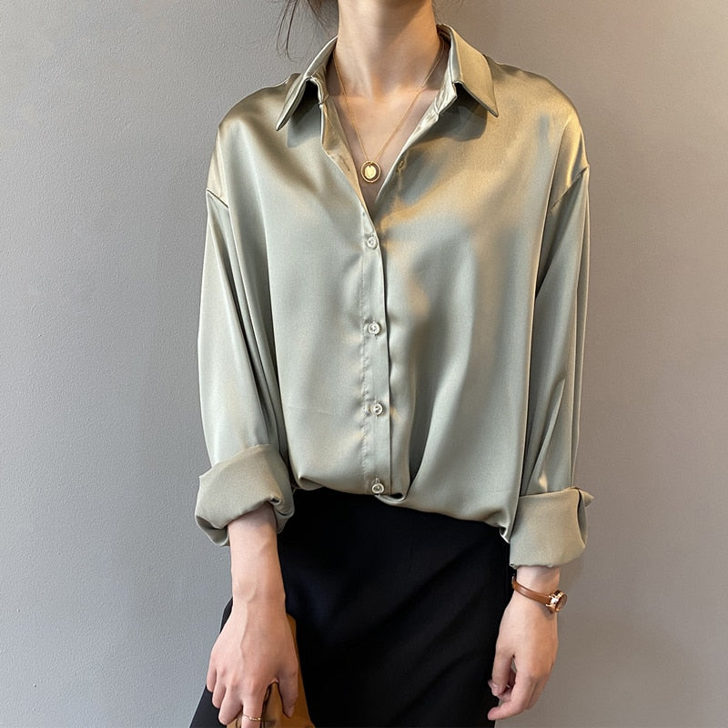 Autumn Fashion Button Up Satin Silk Shirt Vintage Blouse Women
