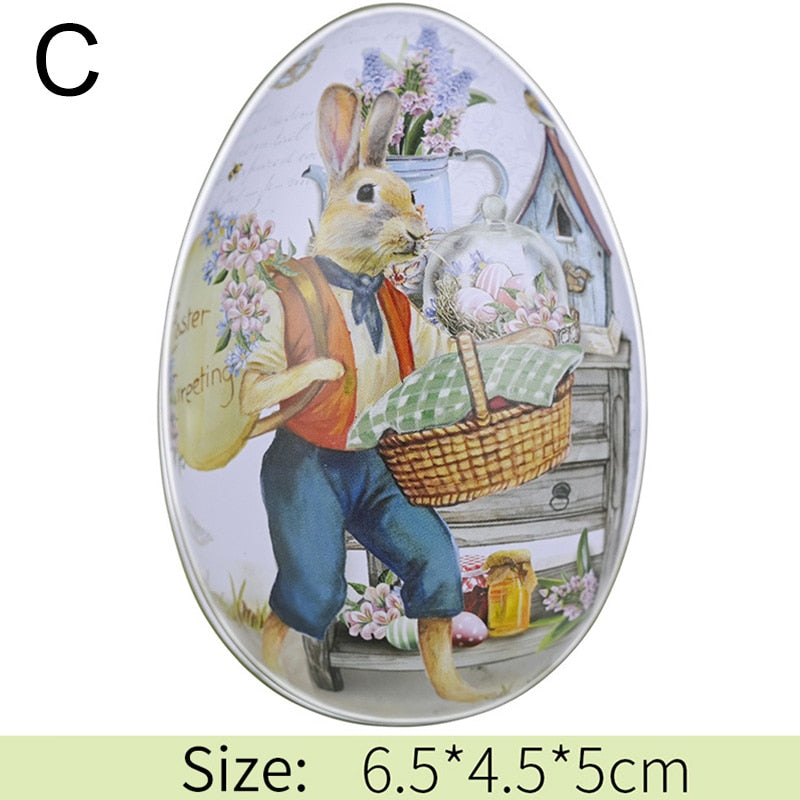 Metal Easter Egg Shape Cute Bunny Rabbit Printed Egg Candy Box