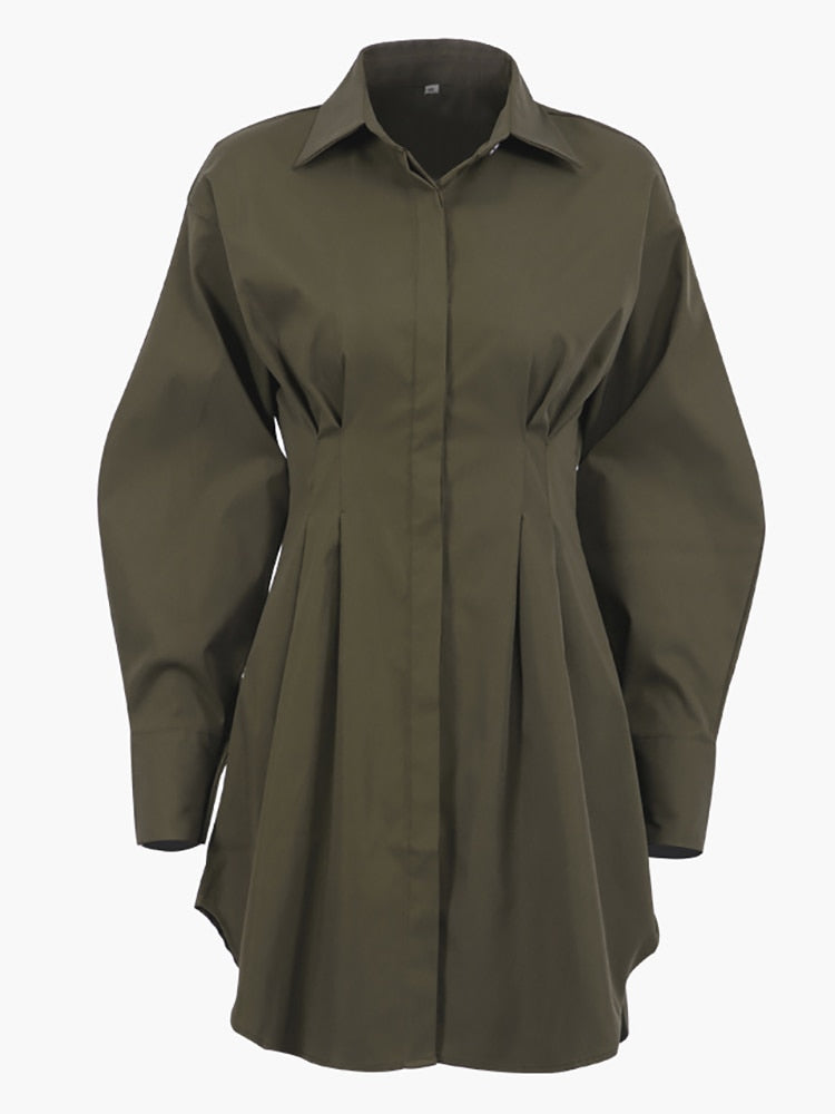 Autumn Winter Dress Women Khaki Long Sleeve Pleated Shirt Dress