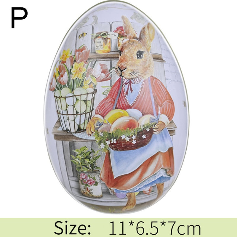 Metal Easter Egg Shape Cute Bunny Rabbit Printed Egg Candy Box