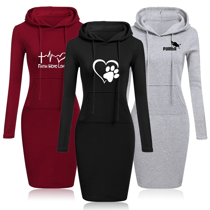 Spring Autumn Sweatshirt Long-Sleeved Dress with Hood