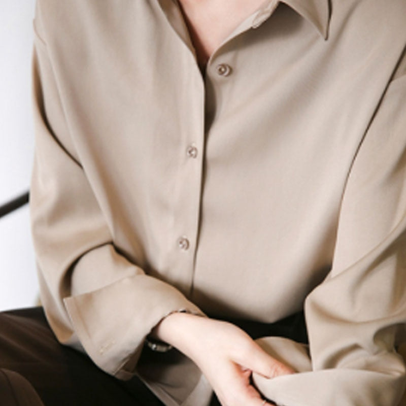 Autumn Fashion Button Up Satin Silk Shirt Vintage Blouse Women