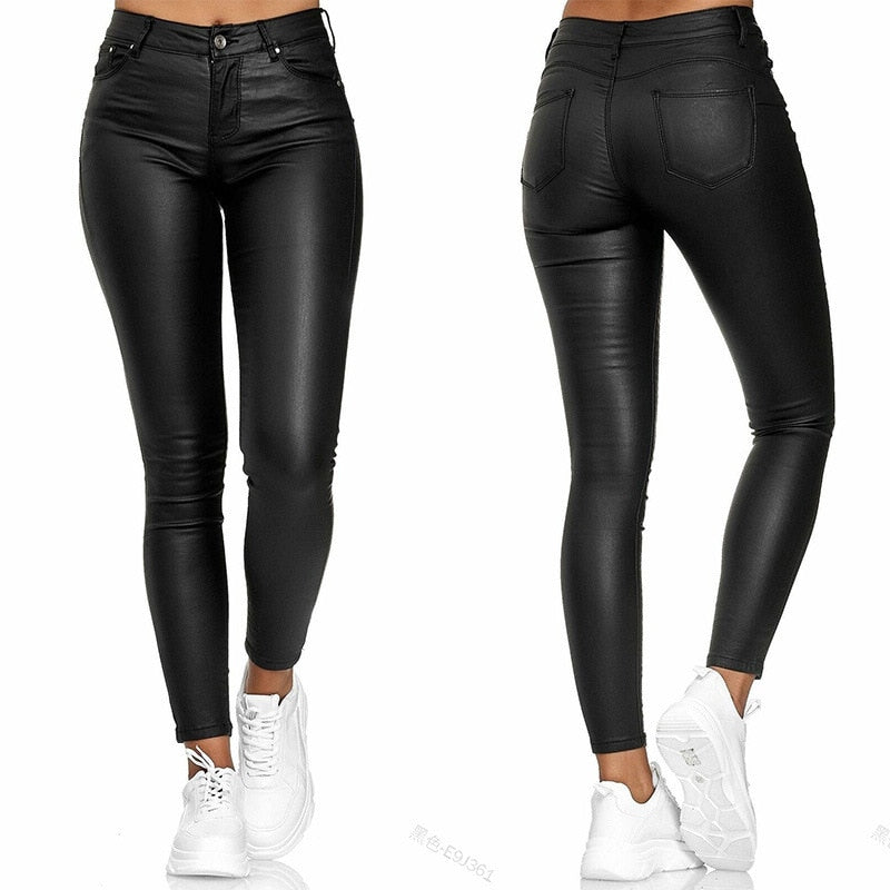 Women Leather Pants Black Sexy Stretch Bodycon Trousers