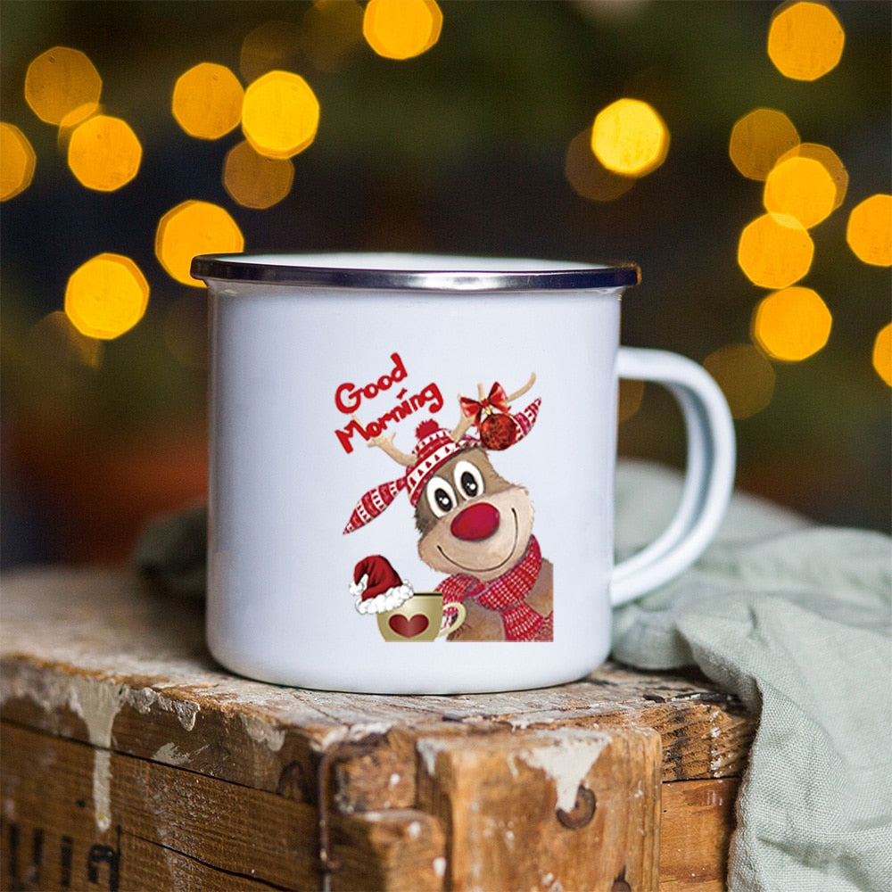 Snowman Deer Print Enamel Coffee Mugs Christmas Gifts New Year Party