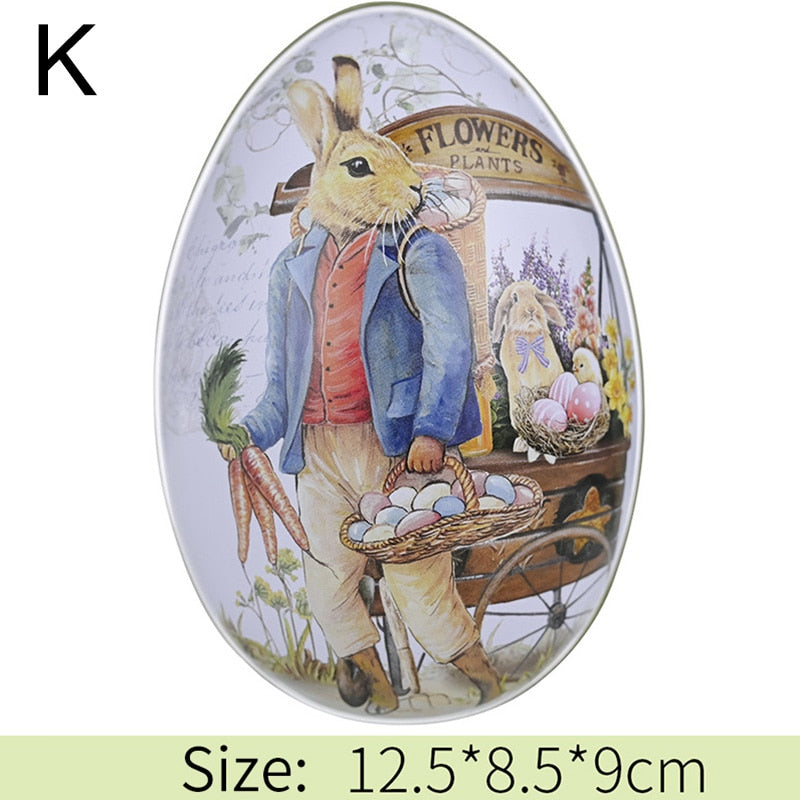 Metal Easter Egg Shape Cute Bunny Rabbit Printed Egg Candy Box