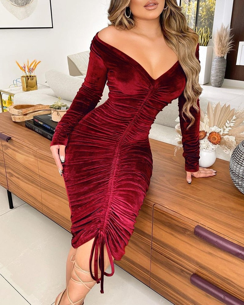 Women Velvet Drawstring Off Shoulder Long Sleeve Bodycon Midi Dress